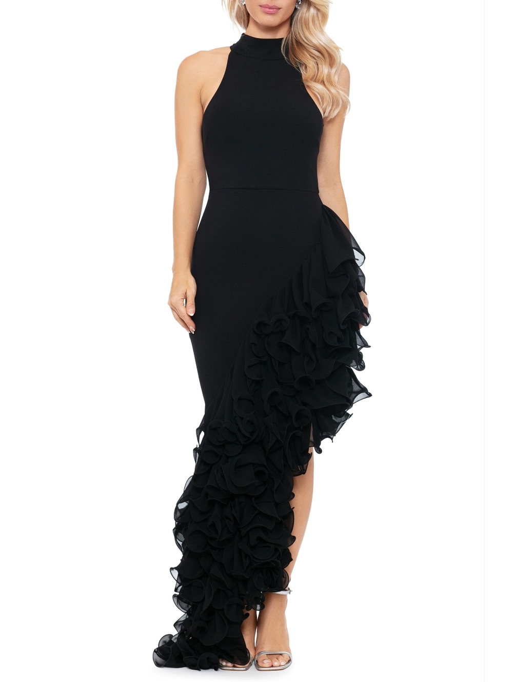 Betsy & Adam Ruffle Detail Asymmetric Body- Con Ponte Gown